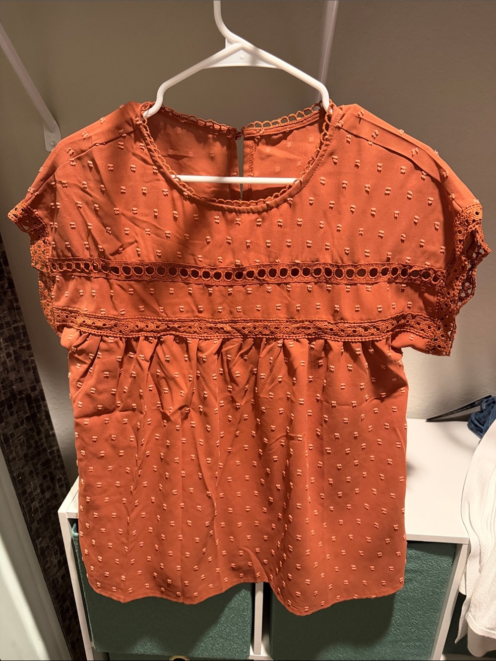 Rust Orange Lace Accent Swiss Dot Top